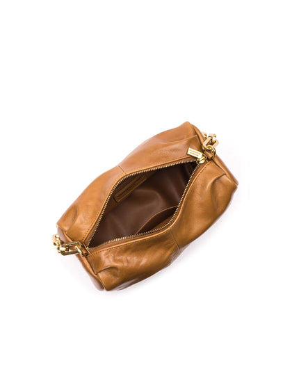 Angled over head view of Valentina Shoulder Bag in Tan Cracked Leather with Brass Chain Handle with open zipper thumbnail 2