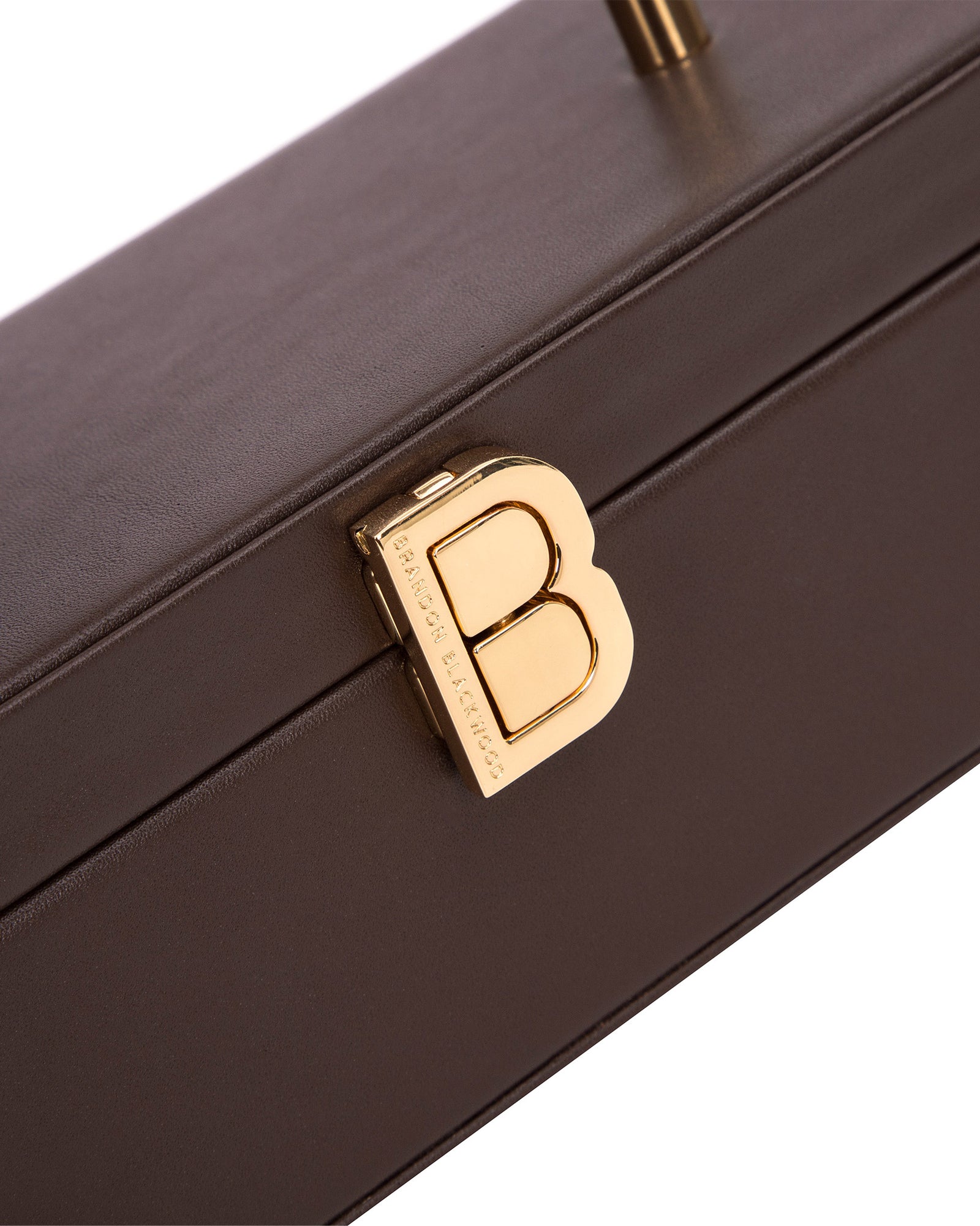 Angled close up of the Vanity Purse in Brown Leather with 24K Gold Plated Brass Hardware