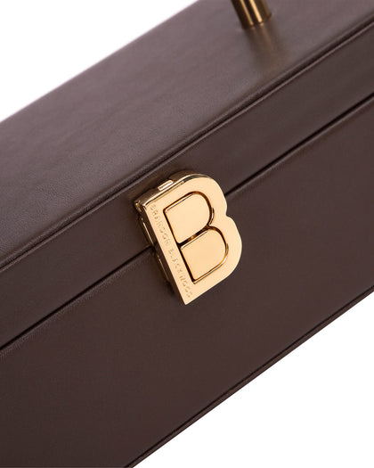 Angled close up of the Vanity Purse in Brown Leather with 24K Gold Plated Brass Hardware thumbnail 3