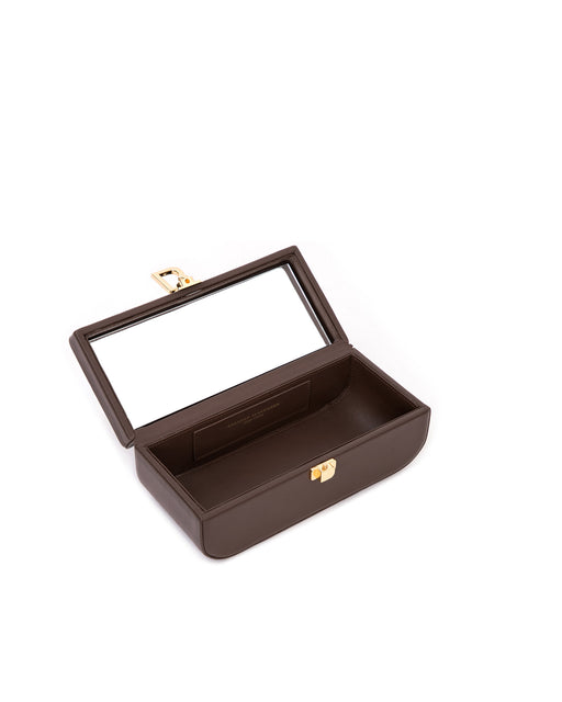 Overhead view of the Vanity Purse in Brown Leather with 24K Gold Plated Brass Hardware  with purse open mirror inside