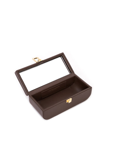 Overhead view of the Vanity Purse in Brown Leather with 24K Gold Plated Brass Hardware  with purse open mirror inside thumbnail 2