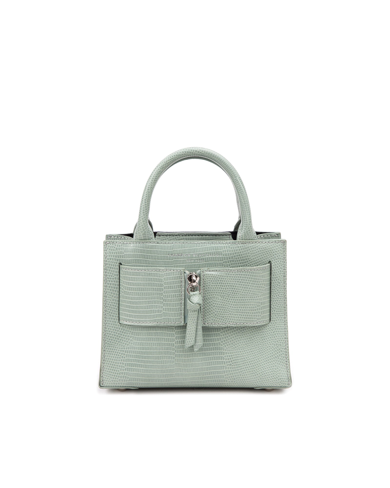 Front of Kuei Bag in green lizard embossed with cream croc embossed silver zipper 
