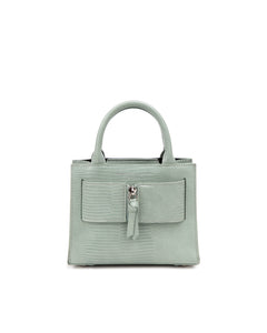 Front of Kuei Bag in green lizard embossed with cream croc embossed silver zipper 