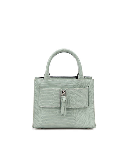 Front of Kuei Bag in green lizard embossed with cream croc embossed silver zipper  thumbnail 1