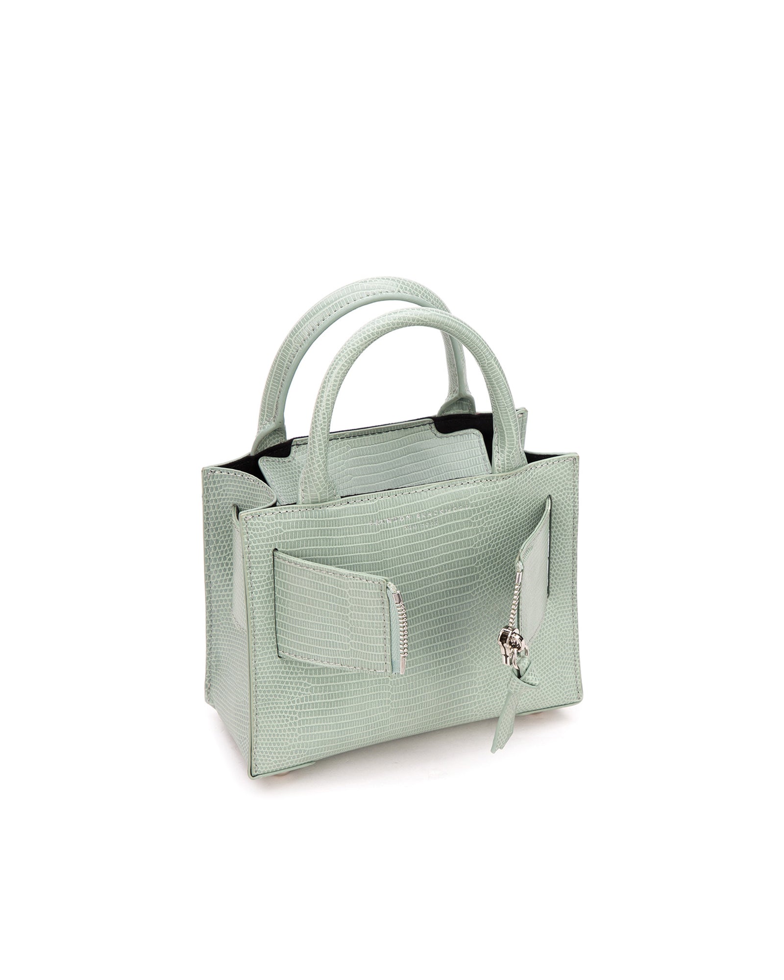 Angled over head view of wide open Kuei Bag in cream croc embossed with cream croc embossed handle cream croc embossed silver zipper 