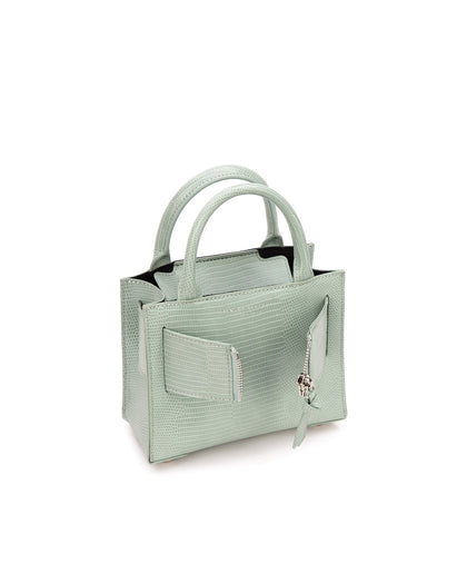 Angled over head view of wide open Kuei Bag in cream croc embossed with cream croc embossed handle cream croc embossed silver zipper  thumbnail 2