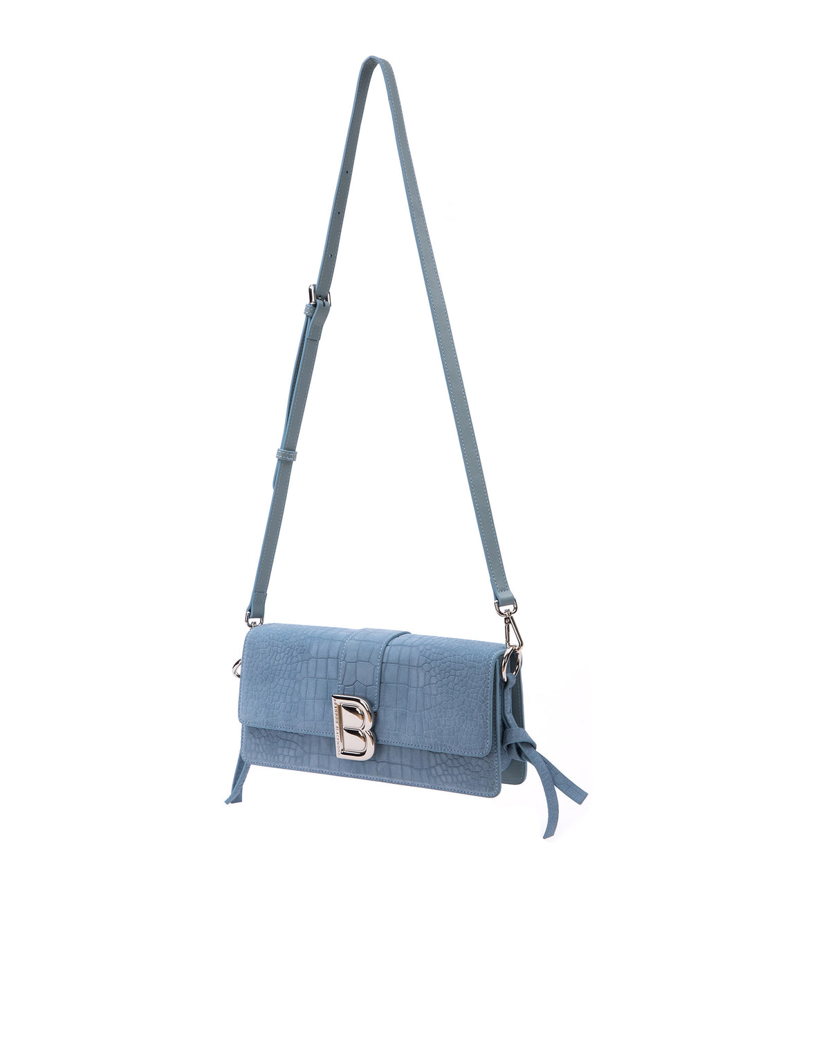 Nia Bag with blue croc embossed suede with blue suede strap with silver logo magnetic closure hanging from strap