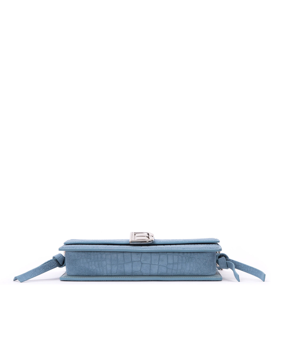 Bottom of Nia Bag with blue croc embossed suede four metal feet
