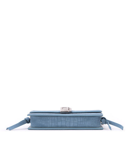 Bottom of Nia Bag with blue croc embossed suede four metal feet thumbnail 3