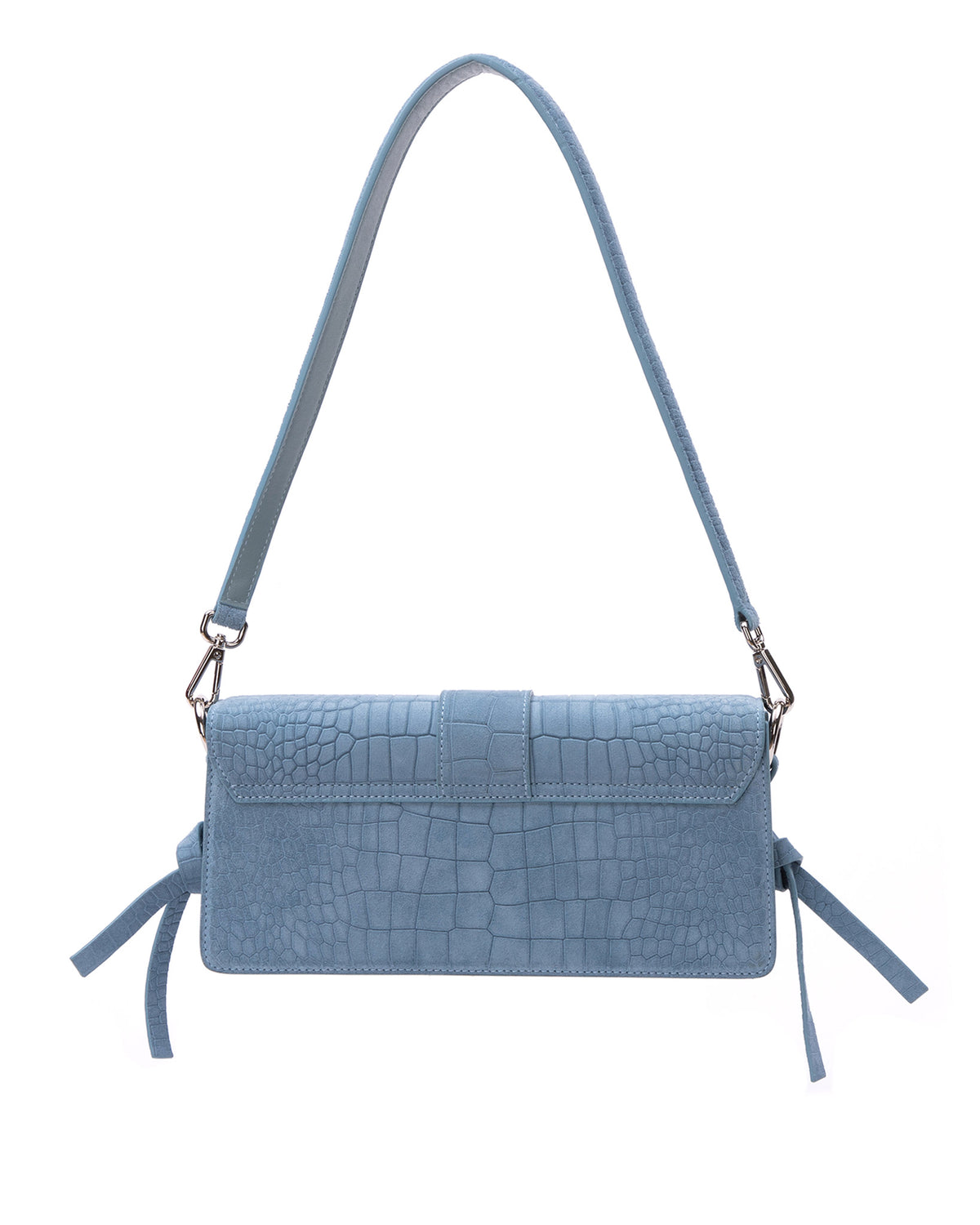 Back of Nia Bag with blue croc embossed suede
