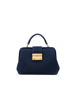 Front of Elizabeth Doctor Bag in dark denim with dark denim handle brass clasp buckle