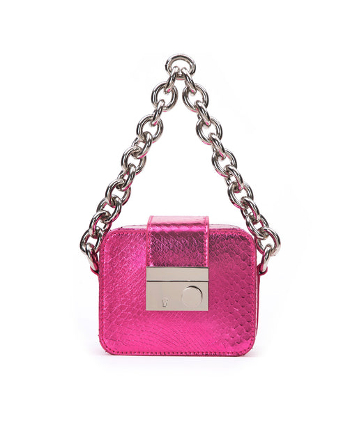 Front of Caro Buckle Bag in hot pink python with silver chunky chain handle and silver clasp buckle 