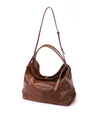 Hobo Tote Bag in Brown Cracked Leather with Brass Hardware hanging with strap thumbnail 5