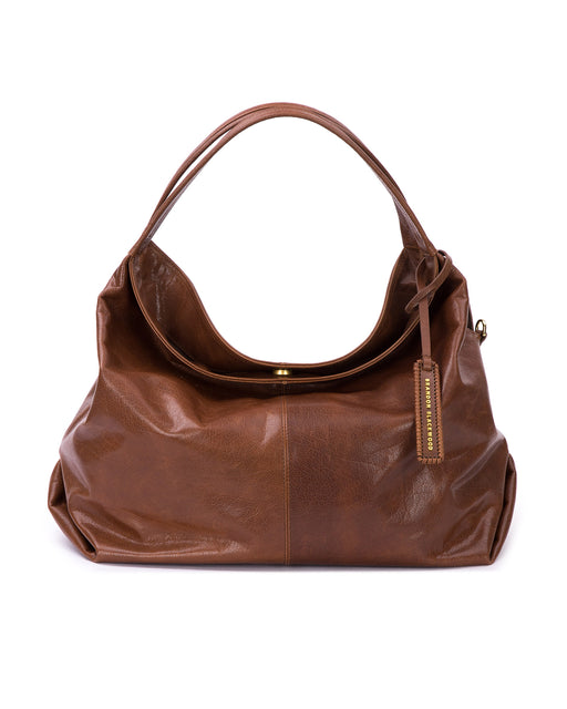Front Hobo Tote Bag in Brown Cracked Leather with Brass Hardware