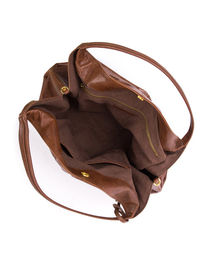 Angled over head view Hobo Tote Bag in Brown Cracked Leather with Brass Hardware wide open with magnetic closure  thumbnail 4