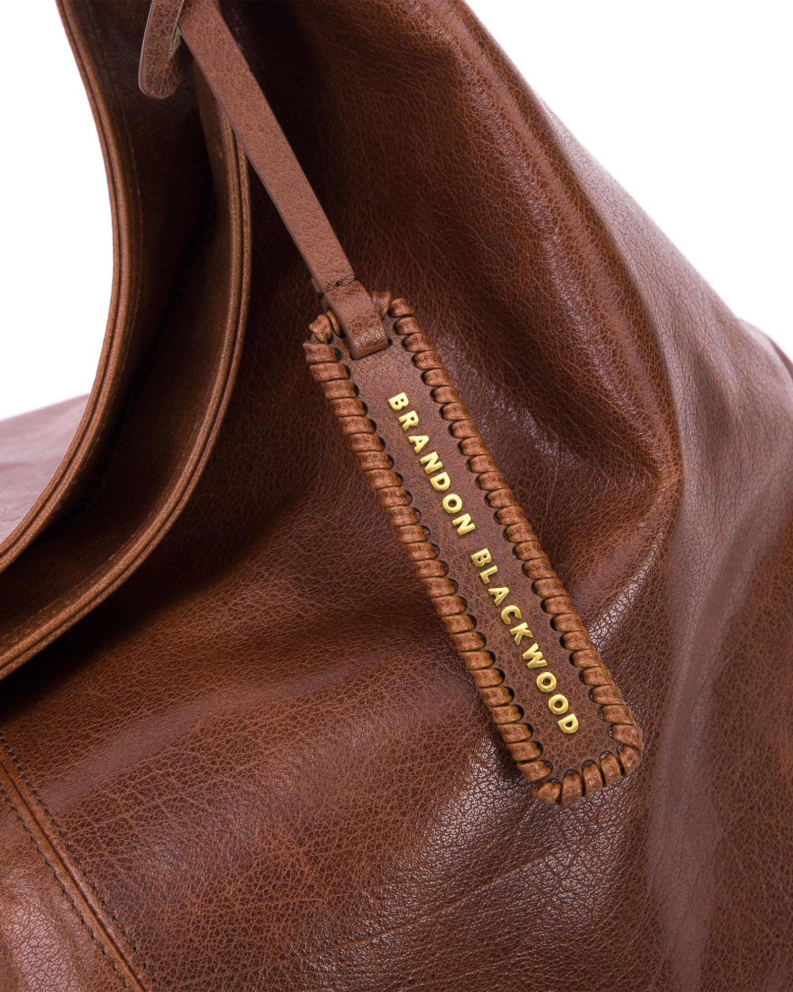 Side View Hobo Tote Bag in Brown Cracked Leather with Brass Hardware