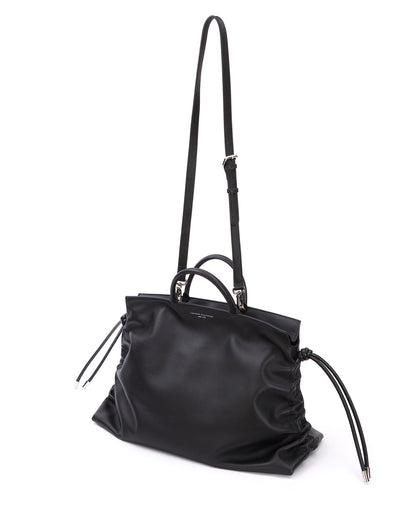 Rouched Tote Bag in Smooth Black Leather with Silver Hardware hanging with strap thumbnail 6