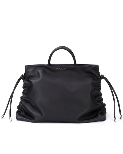 Front of Rouched Tote Bag in Smooth Black Leather with Silver Hardware thumbnail 1