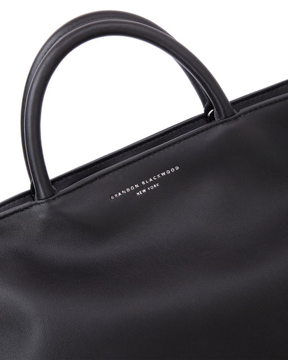 Angled close up Rouched Tote Bag in Smooth Black Leather with Silver Hardware thumbnail 5