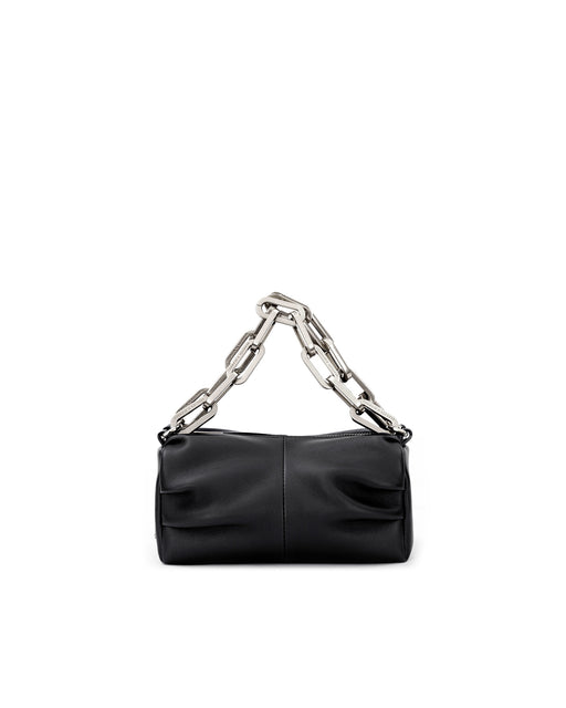 Front of Mini Valentina with black smooth leather and brass chain link handle with brass logo embossed zipper closure 