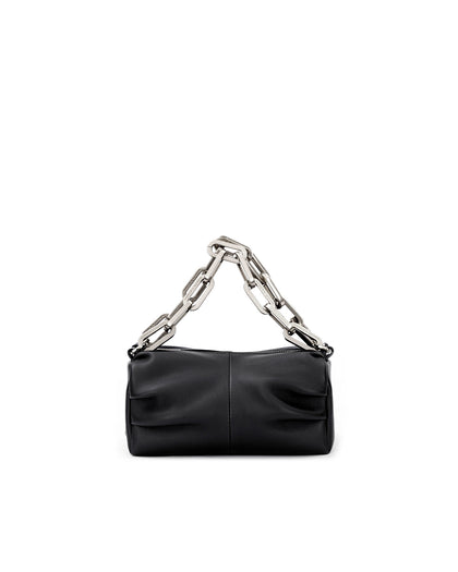 Front of Mini Valentina with black smooth leather and brass chain link handle with brass logo embossed zipper closure  thumbnail 1