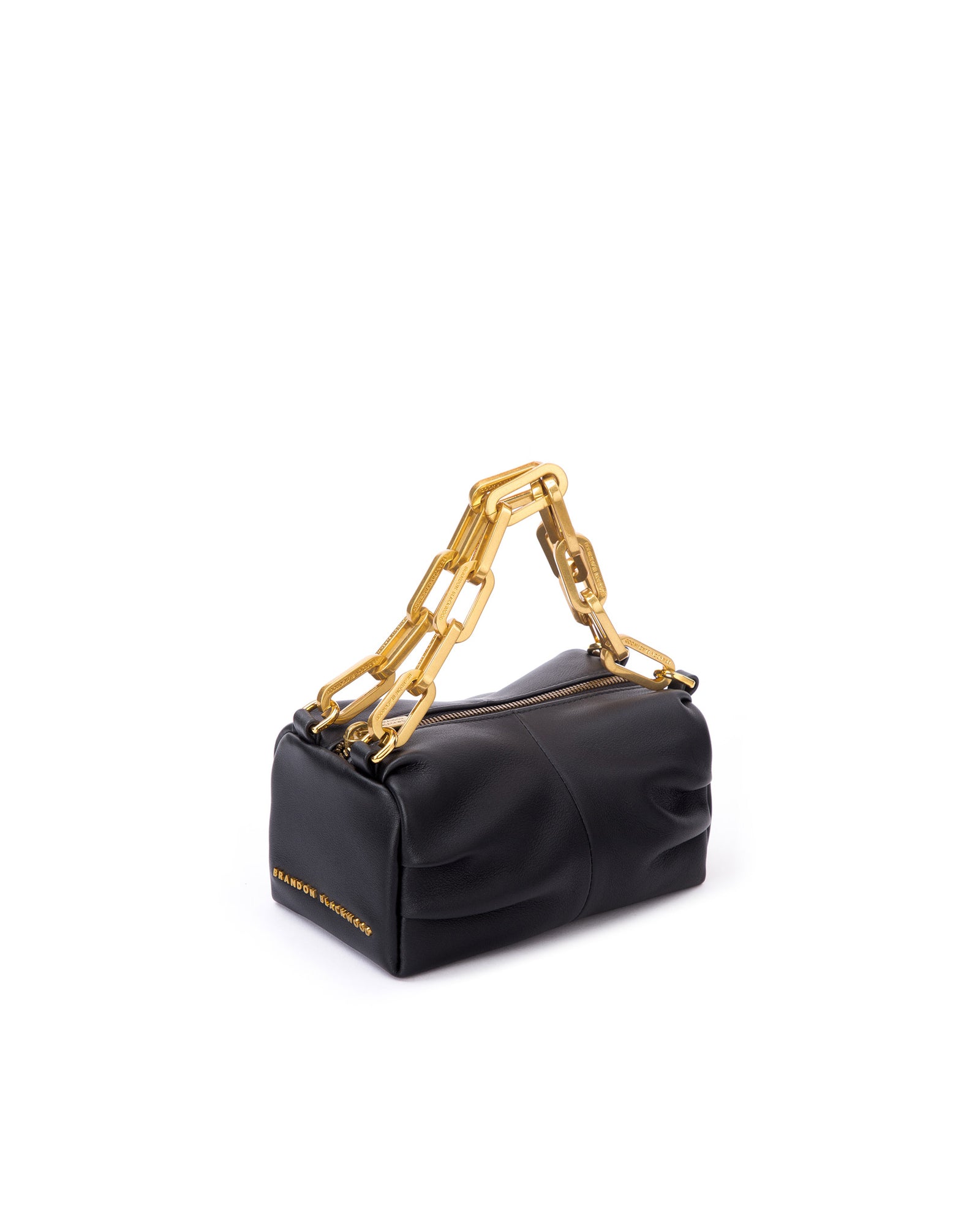 Mini Valentina with black smooth leather and brass chain link handle with brass logo embossed zipper closure hanging from strap