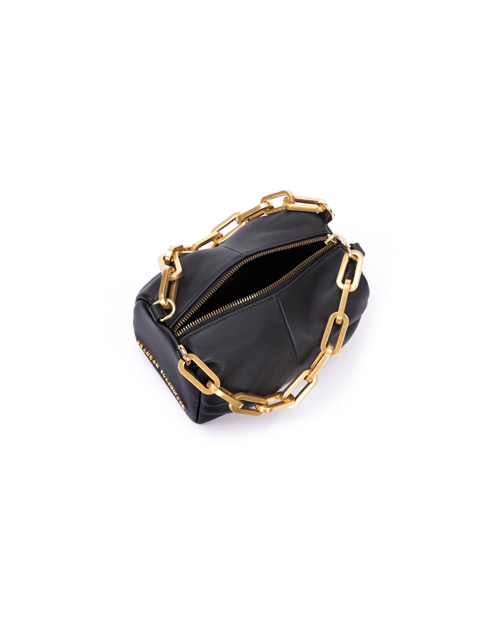 Angled over head view of wide open Mini Valentina with  black smooth leather brass chain link handle and brass logo embossed zipper closure 