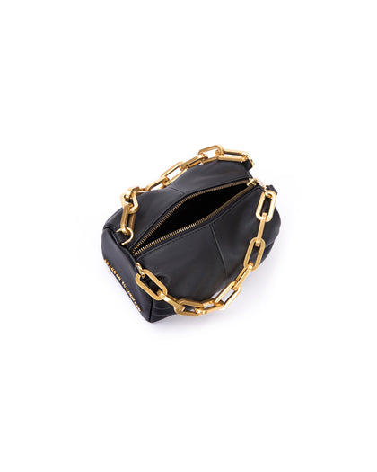 Angled over head view of wide open Mini Valentina with  black smooth leather brass chain link handle and brass logo embossed zipper closure  thumbnail 4