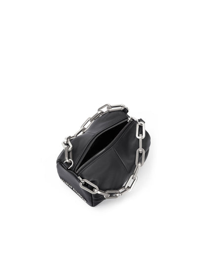 Angled over head view of wide open Mini Valentina with  black smooth leather brass chain link handle and brass logo embossed zipper closure  thumbnail 3