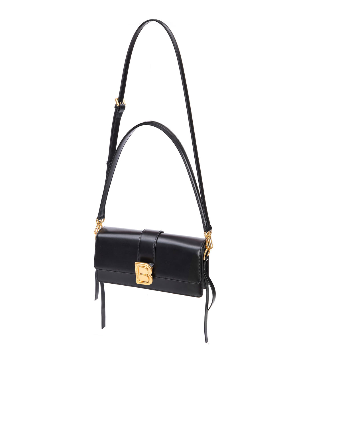 Nia Bag with black hard leather with black leather strap with brass logo magnetic closure hanging from strap