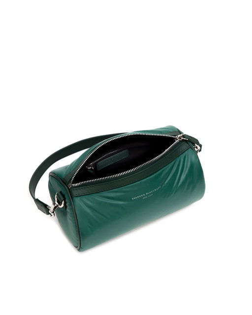Angled over head view of Bianca Duffle in green puffer nylon with top zipper open
