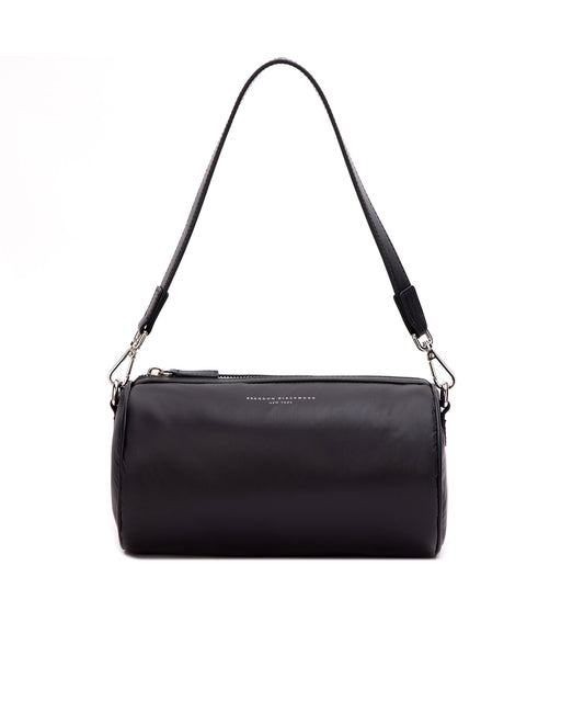 Front of Bianca Duffle in black puffer nylon with leather shoulder strap 
