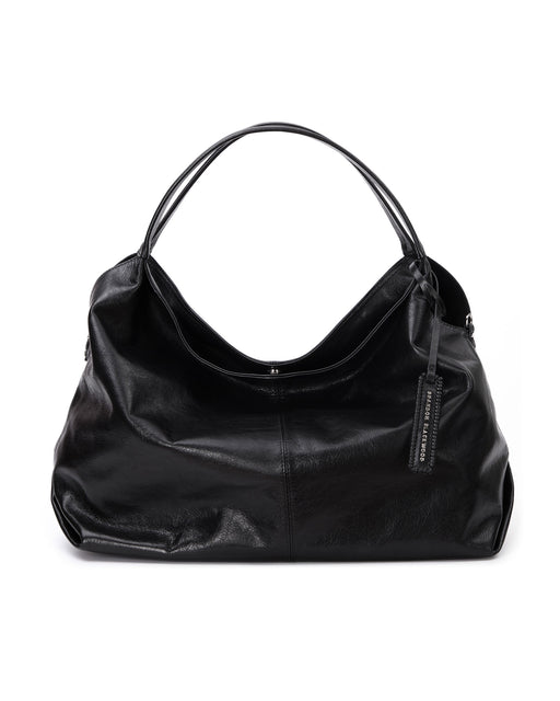 Front Hobo Tote Bag in Black Cracked Leather with Silver Hardware