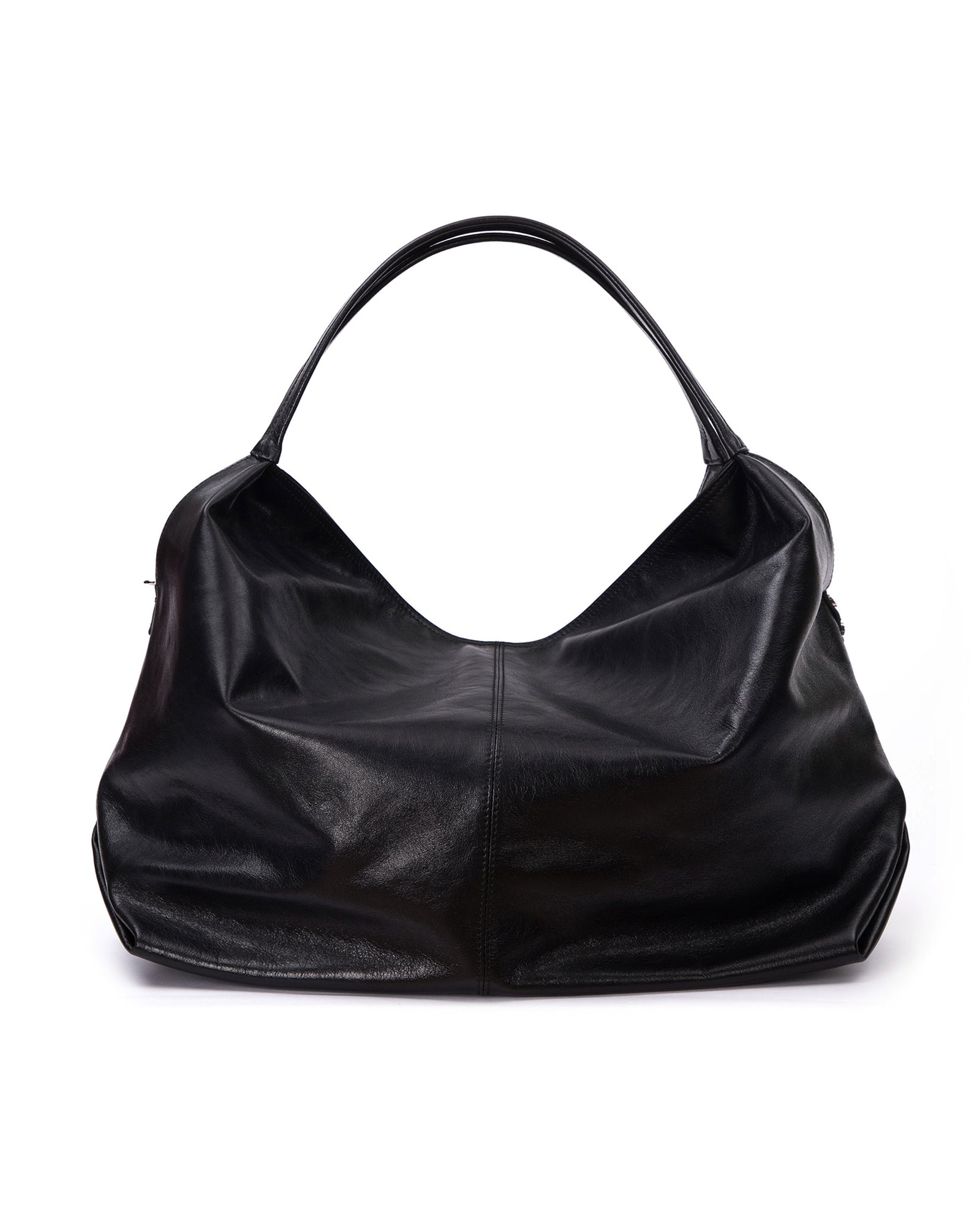 Back Hobo Tote Bag in Black Cracked Leather with Silver Hardware