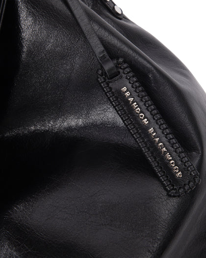 Angled close up Hobo Tote Bag in Black Cracked Leather with Silver Hardware thumbnail 3