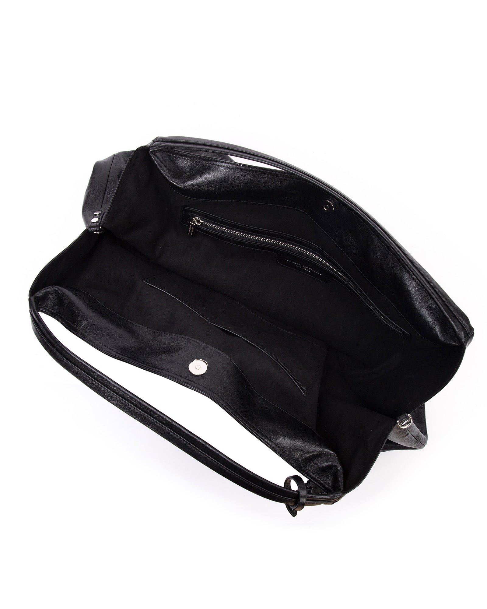 Angled over head view Hobo Tote Bag in Black Cracked Leather with Silver Hardware wide open with magnetic closure 