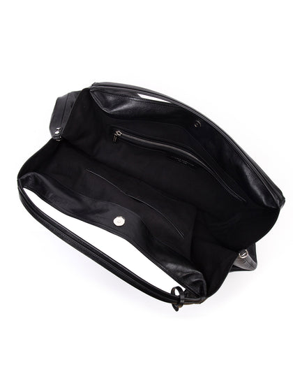 Angled over head view Hobo Tote Bag in Black Cracked Leather with Silver Hardware wide open with magnetic closure  thumbnail 4