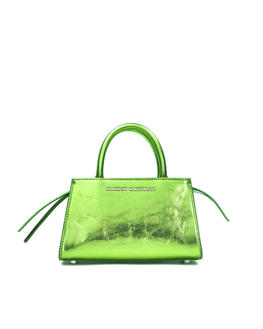 Front of Arlen Bag, metallic green leather body with leather handle, Brandon Blackwood hardware logo, exaggerated zipper detail 