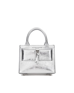 Front of Kuei Bag in silver crinkle leather with silver and leather zipper 