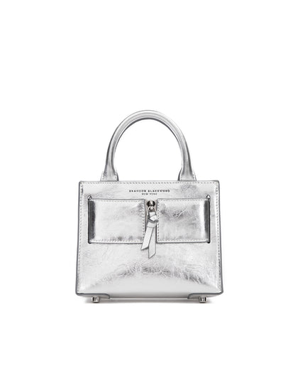 Front of Kuei Bag in silver crinkle leather with silver and leather zipper  thumbnail 1