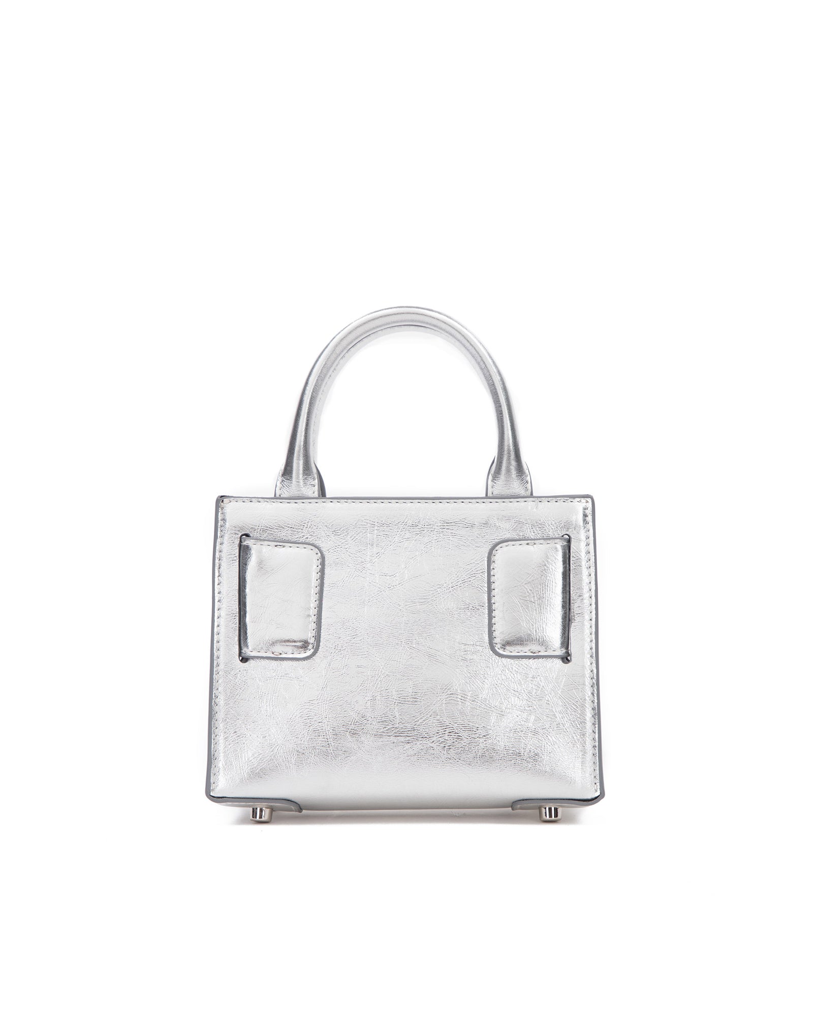 Back of Kuei Bag in silver crinkle leather with silver leather handle