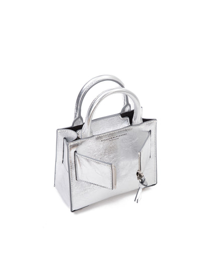 Angled over head view of wide open Kuei Bag in silver crinkle leather with silver handle leather and silver zipper  thumbnail 4