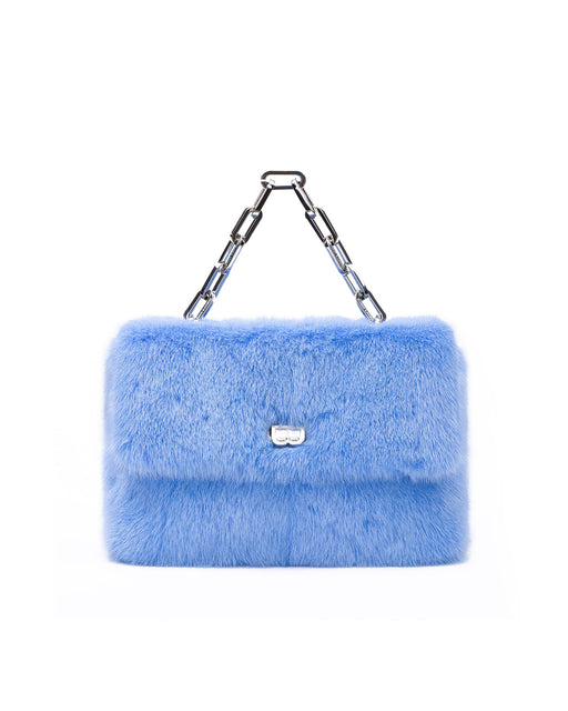 Front of Lisa Shoulder Bag in blue mink with silver chain link handle and B logo closure