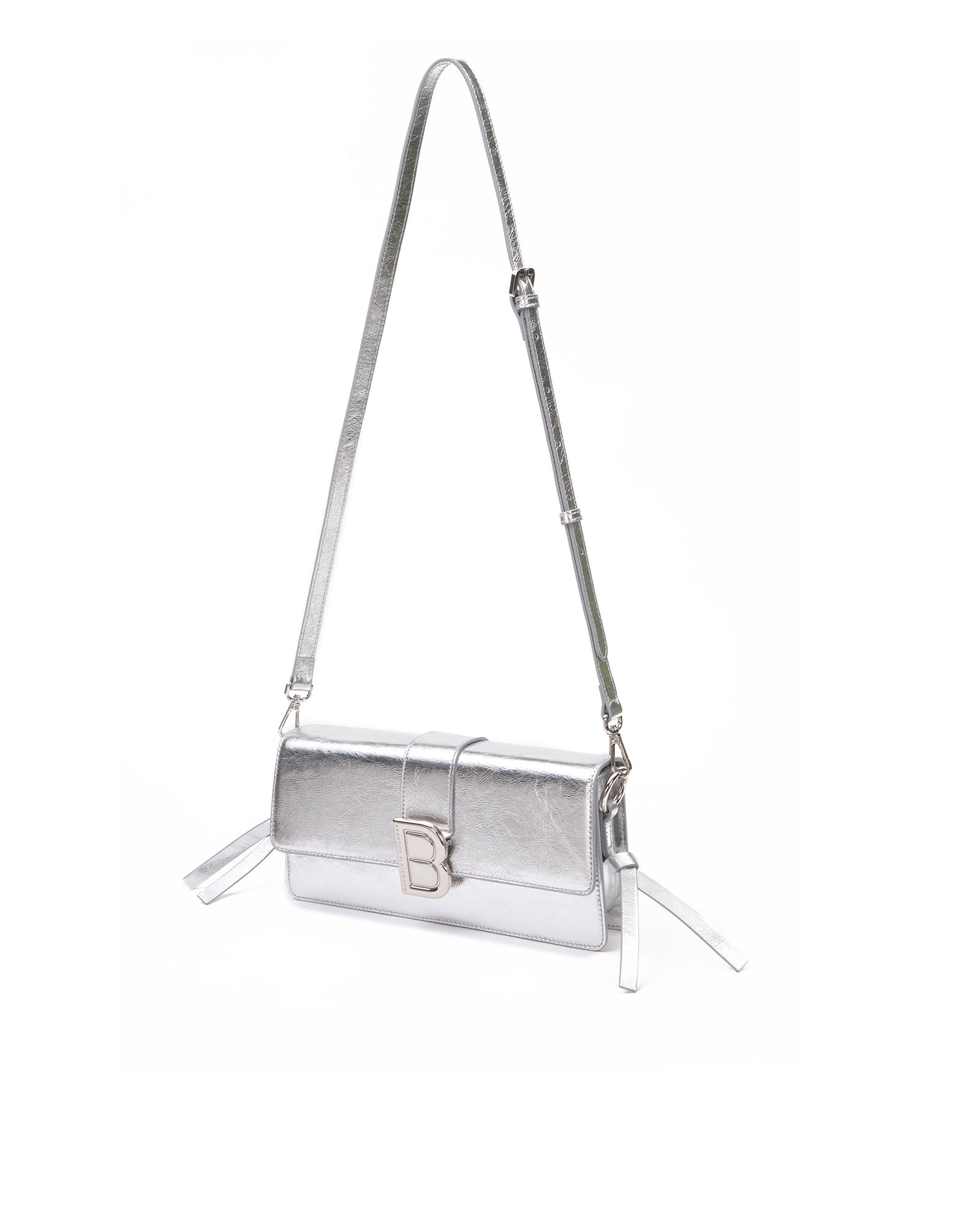Nia Bag with silver cracked leather with brown cracked strap with silver logo magnetic closure hanging with strap