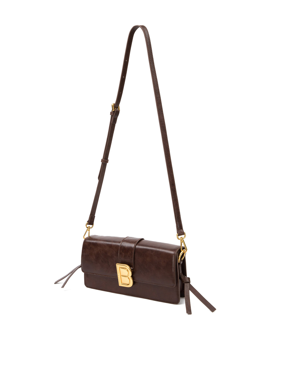  Nia Bag with brown cracked leather with brown cracked strap with brass logo magnetic closure hanging from strap