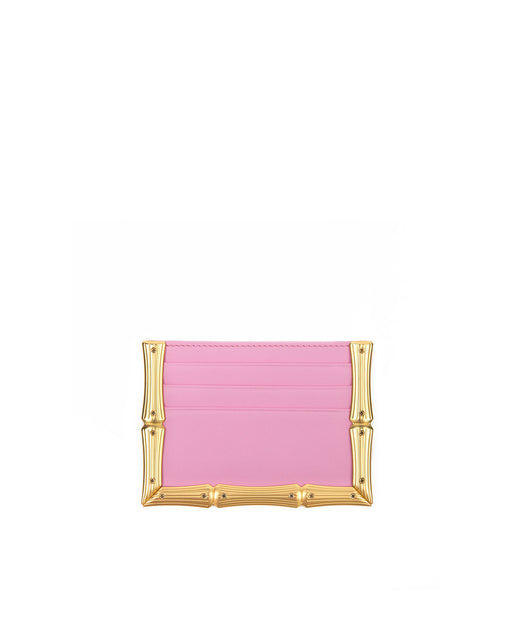 Back of Bamboo B Cardholder in Pink leather with 6 card slots and brass bamboo embossed trim