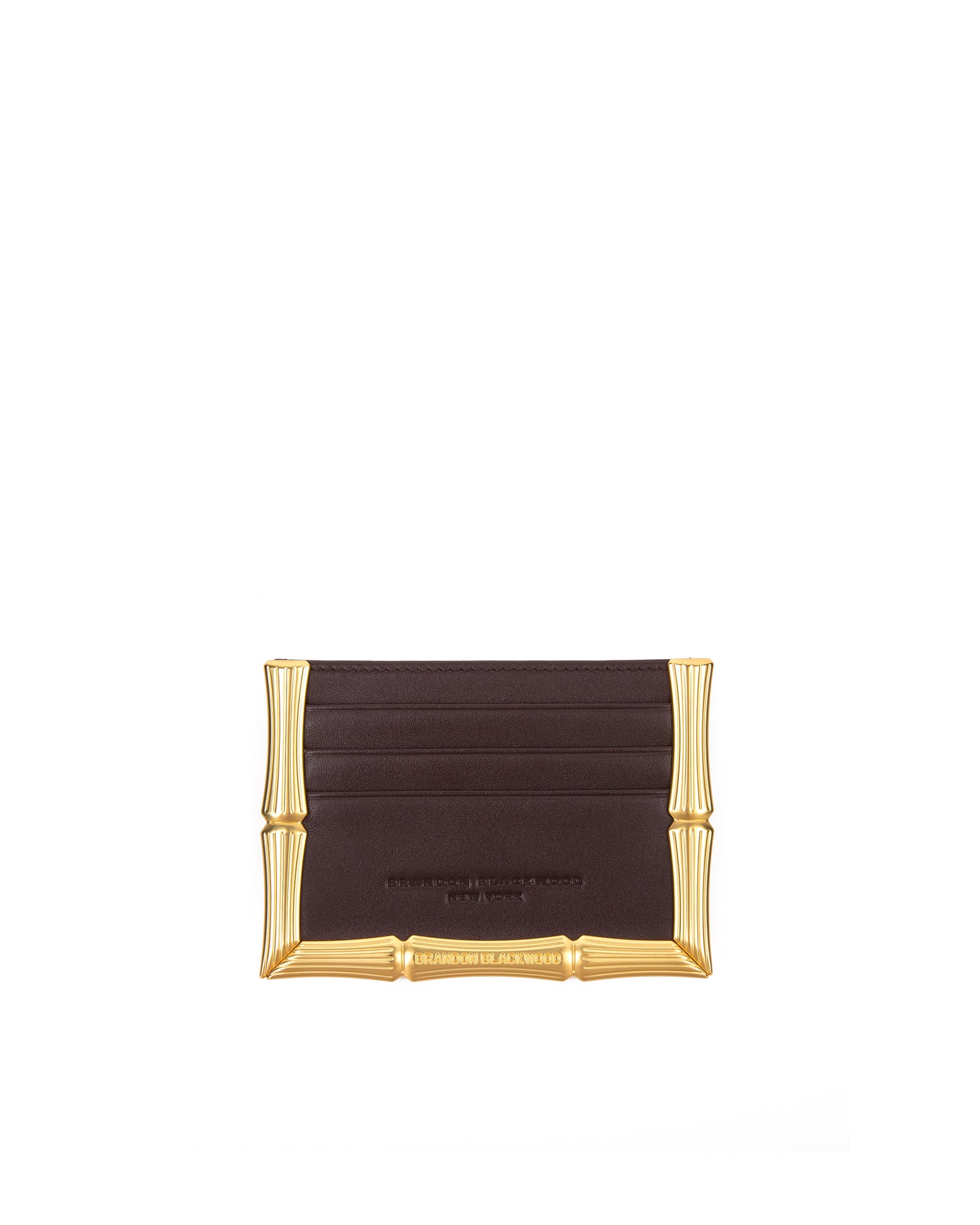 Front of Bamboo B Cardholder in Dark Brown leather with 6 card slots and brass bamboo embossed trim