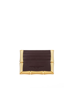 Front of Bamboo B Cardholder in Dark Brown leather with 6 card slots and brass bamboo embossed trim