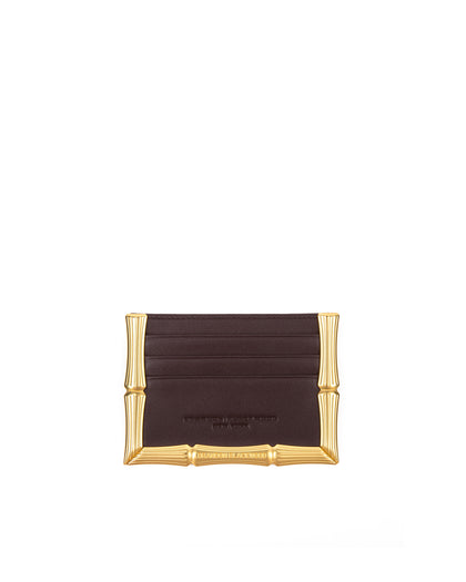 Front of Bamboo B Cardholder in Dark Brown leather with 6 card slots and brass bamboo embossed trim thumbnail 1
