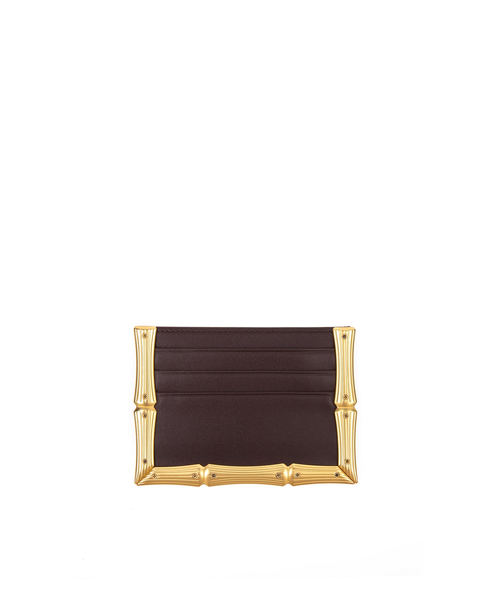 Back of Bamboo B Cardholder in Dark Brown leather with 6 card slots and brass bamboo embossed trim
